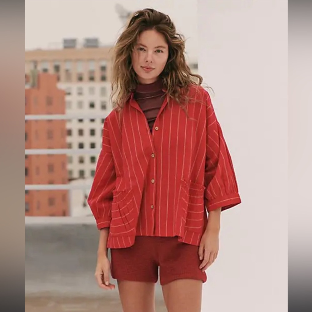 Free People Rust Red Pinstripe Button-Front Shirt